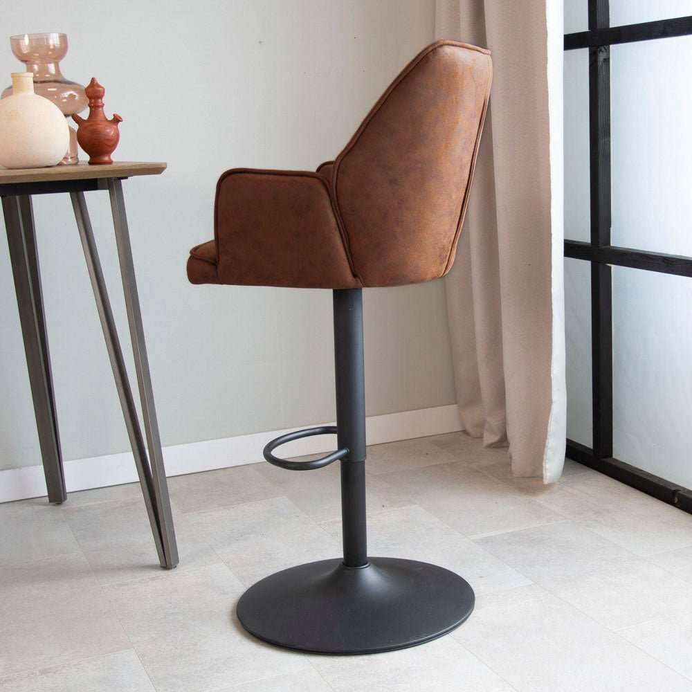Bar Stools - Swivel Bar Stool Cognac Microfiber Fabric Novan - Adjustable - With Armrests - Dimehouse