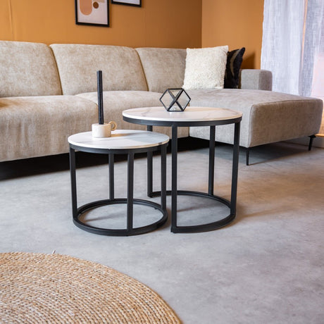 Coffee Tables - Round Coffee Table Set of 2 Sintered Stone Marble Look Paige White - Dimehouse