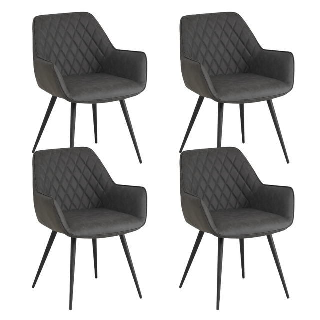 Dining room chairs - Set of 4 Industrial Dining room chairs Cara Anthracite Checkered pattern - Faux leather - With Armrest - Dimehouse