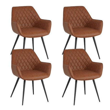 Dining room chairs - Set of 4 Industrial Dining room chairs Cara Cognac Check pattern - Faux leather - With Armrest - Dimehouse