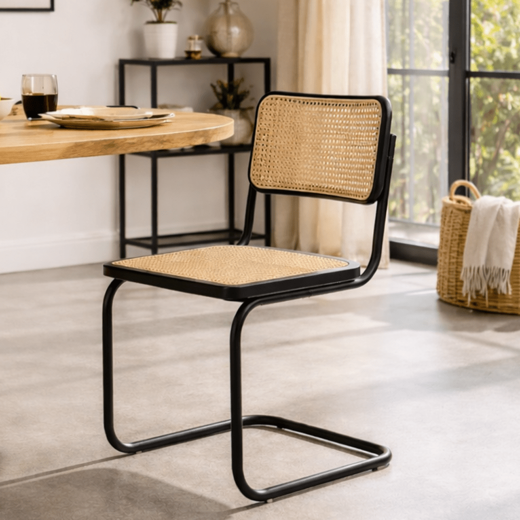 Dining room chair - Tubular frame dining room chair Vester black metal with bamboo webbing - Without Armrests - Dimehouse