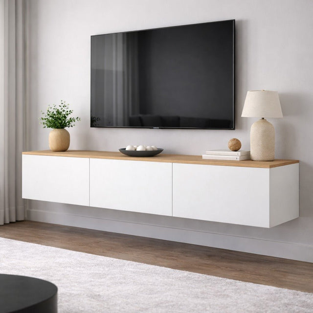 TV Furniture - Floating TV Furniture White with Oak Look Melamine - 150x30 cm - West - Dimehouse