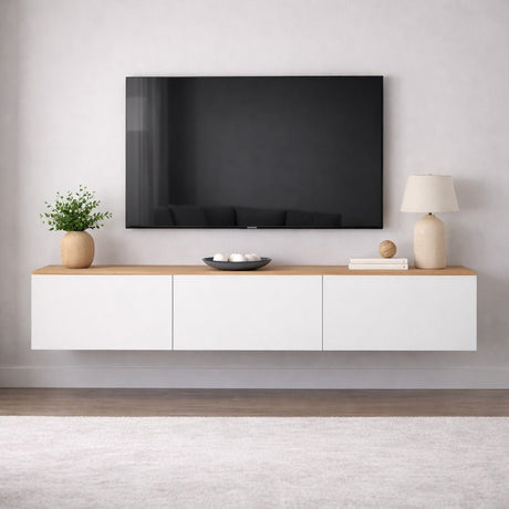 TV Furniture - Floating TV Furniture White with Oak Look Melamine - 150x30 cm - West - Dimehouse