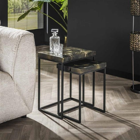 Side table Minette DH Interior Black & gold LxWxH 61x51x38 Teak Atmospheric photo diagonal front view