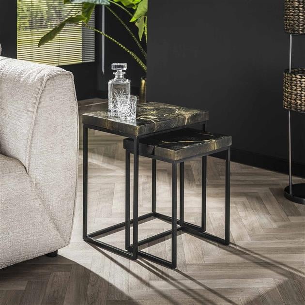 Side table Minette DH Interior Black & gold LxWxH 61x51x38 Teak Atmospheric photo diagonal front view