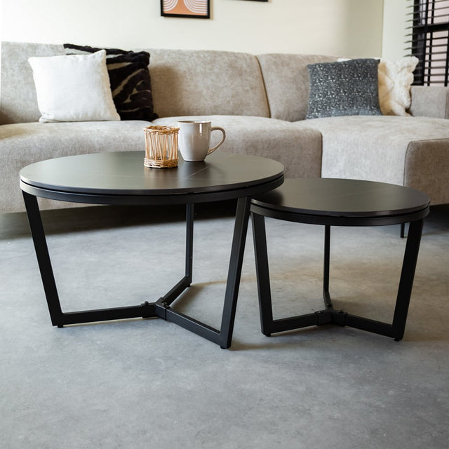 Coffee table Brady Black Dimehouse Black LxWxH 80x80x11 Sintered stone Atmospheric photo diagonal front view