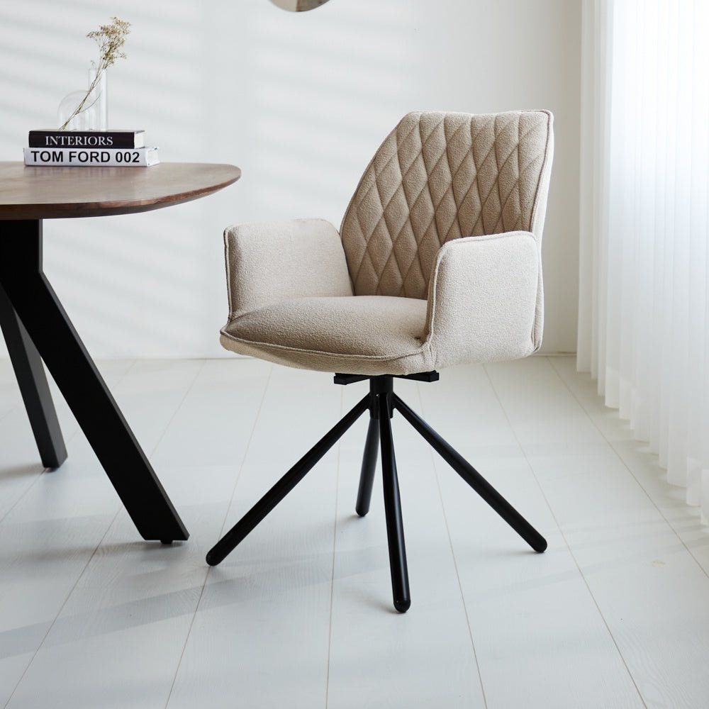 Dining room chair Novan bouclé Dimehouse Beige LxWxH 67x59x57 Fabric Atmospheric photo diagonal front view