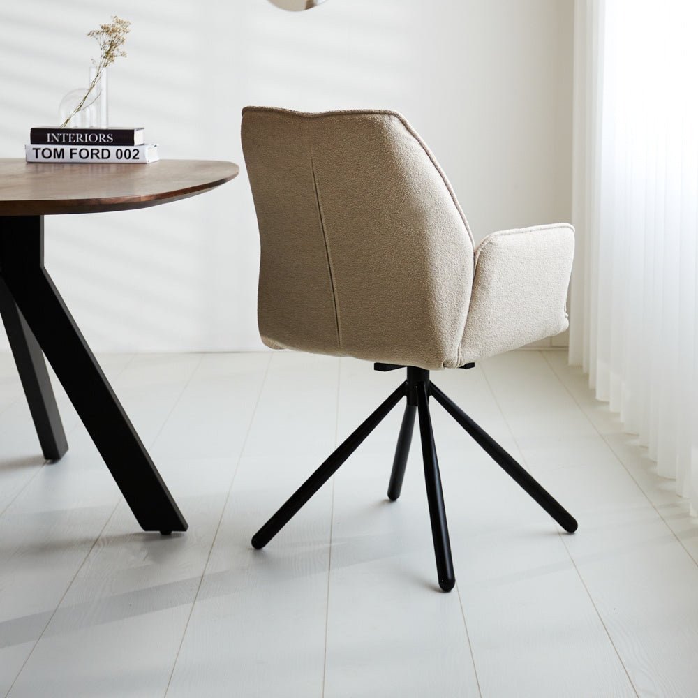 Dining room chair Novan bouclé Dimehouse Beige LxWxH 67x59x57 Fabric Atmospheric photo diagonal rear view