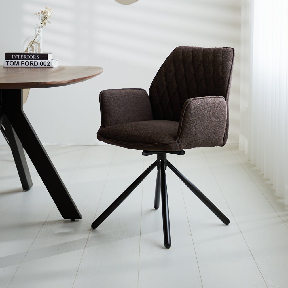 Dining room chair Novan bouclé Dimehouse Brown LxWxH 67x59x57 Fabric Atmospheric photo diagonal front view
