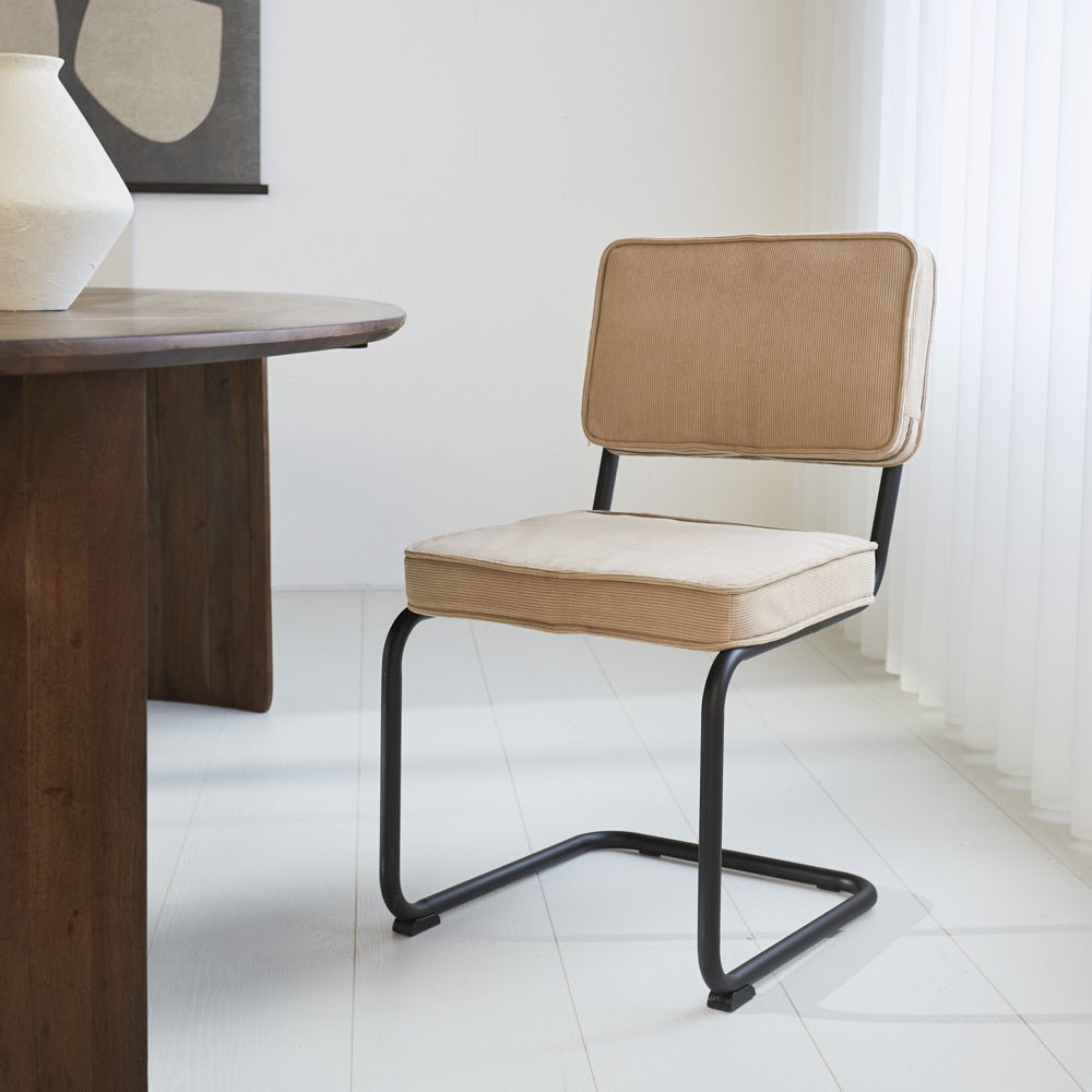 Dining room chair Remo ribbed fabric Dimehouse Brown LxWxH 56x55x51 Rib fabric Atmospheric photo diagonal front view