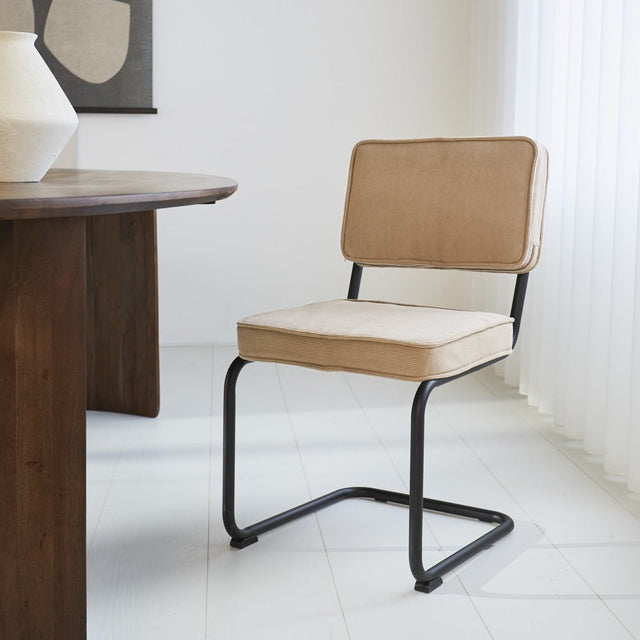 Dining room chair Remo ribbed fabric Dimehouse Brown LxWxH 56x55x51 Rib fabric Atmospheric photo diagonal front view