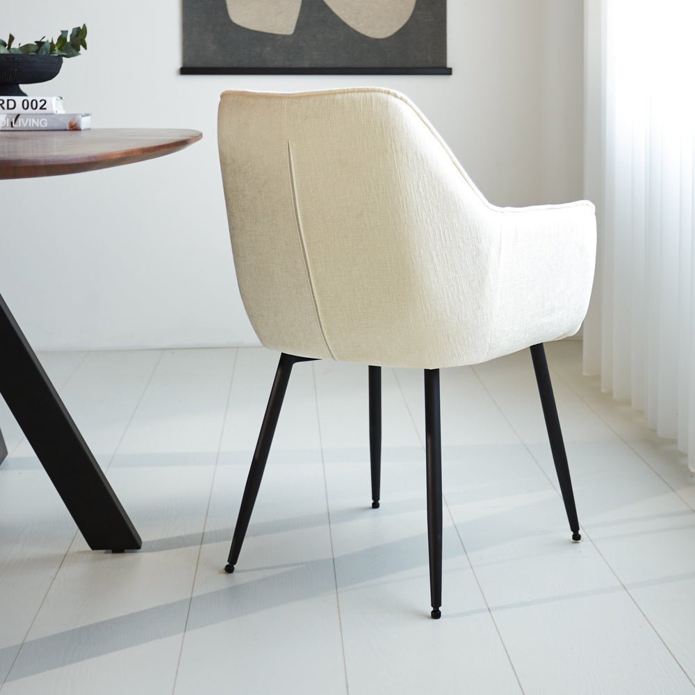 Dining room chair Sev Dimehouse White LxWxH 68x62x61 Fabric Atmospheric photo diagonal rear view