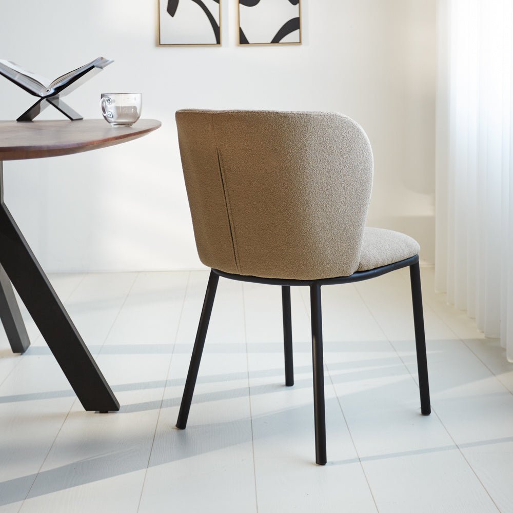 Dining room chair Tess Dimehouse Taupe LxWxH 65x62x56 Fabric Atmospheric photo diagonal rear view