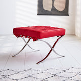 Footstool Expo Premium Dimehouse Red LxWxH 63x62x36 Leather Atmospheric photo diagonal front view