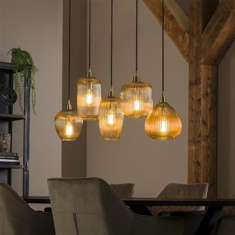 Hanging lamp Ella DH Interior Amber color glass LxWxH 127x48x27 Amber color glass Atmospheric photo diagonal front view
