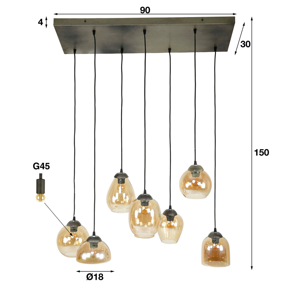 Hanging lamp Felien Amber DH Interior Amber color glass LxWxH 99x41x32 Glass White photo size indication