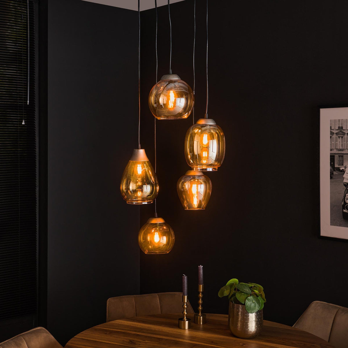 Hanging lamp Felien Amber DH Interior Amber color glass LxWxH 59x59x32 Glass Atmospheric photo diagonal front view