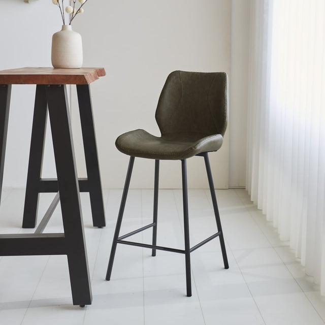 Bar stool Beau artificial leather Dimehouse Green LxWxH 84x54x52 Faux leather Atmospheric photo diagonal front view