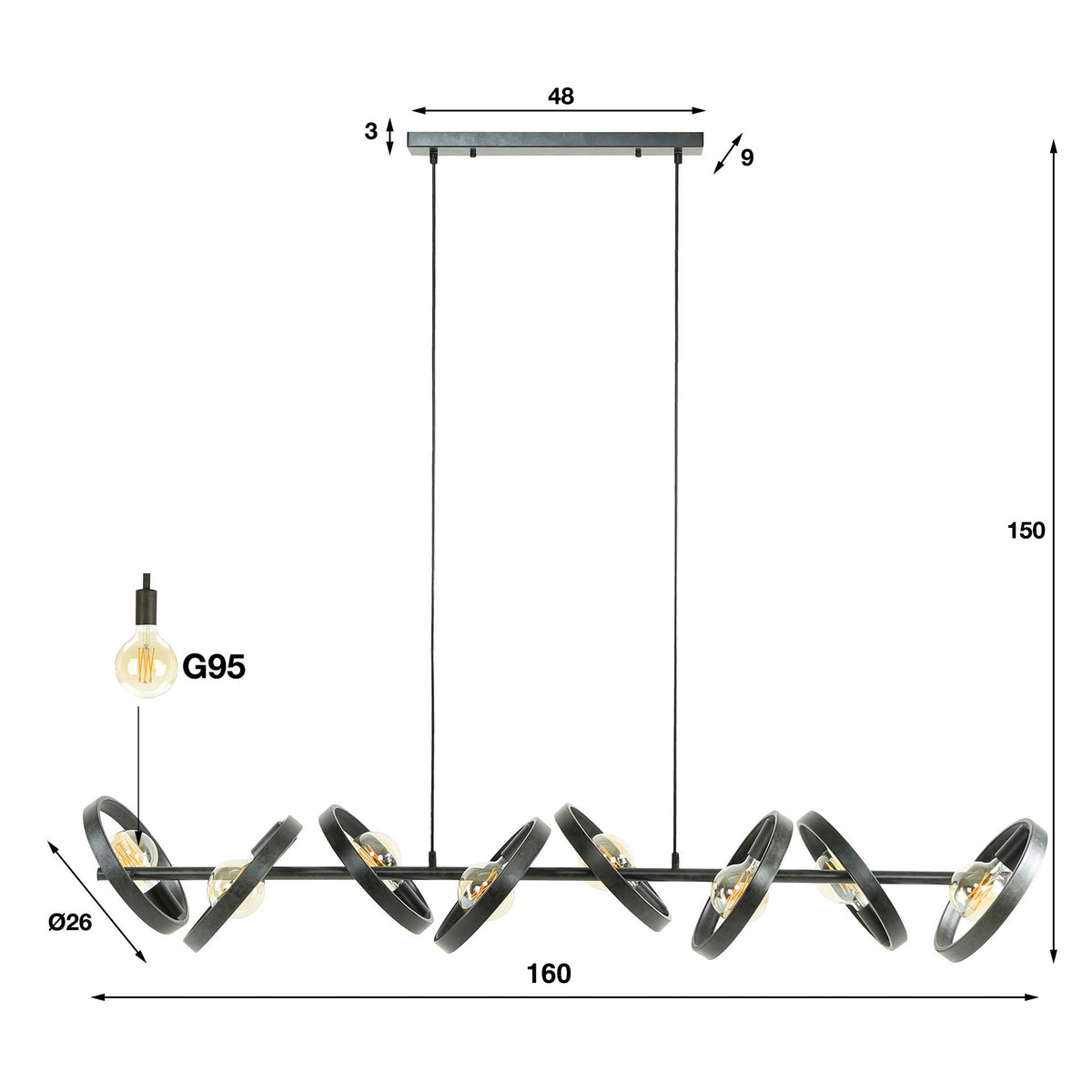 Hanging lamp Otan DH Interior Charcoal LxWxH 168x44x19 Metal White photo size indication