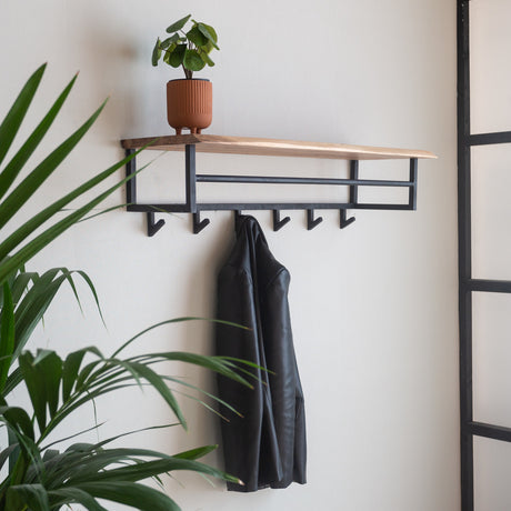 Coat rack Niels DH Interior Acacia LxWxH 102x37x30 Acacia wood Atmospheric photo diagonal front view