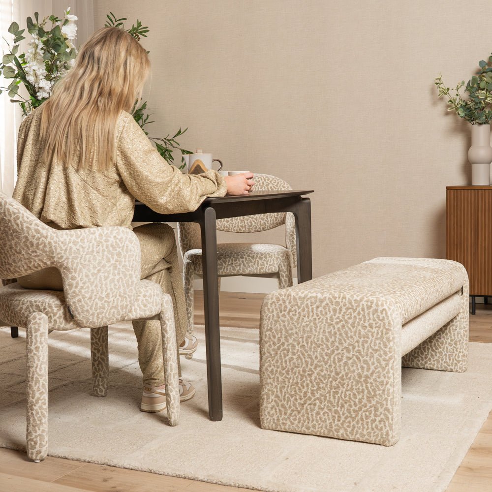 Eetkamerbanken-Eetkamerbank Lux leopard taupe 100 cm Stof-Dimehouse
