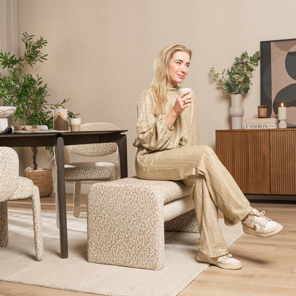 Eetkamerbanken-Eetkamerbank Lux leopard taupe 100 cm Stof-Dimehouse