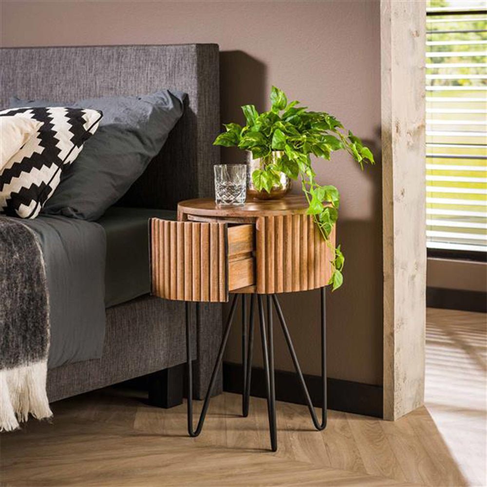 Bedside table Hans DH Interior Mango LxWxH 45x45x30 Mango wood Atmospheric photo diagonal front view