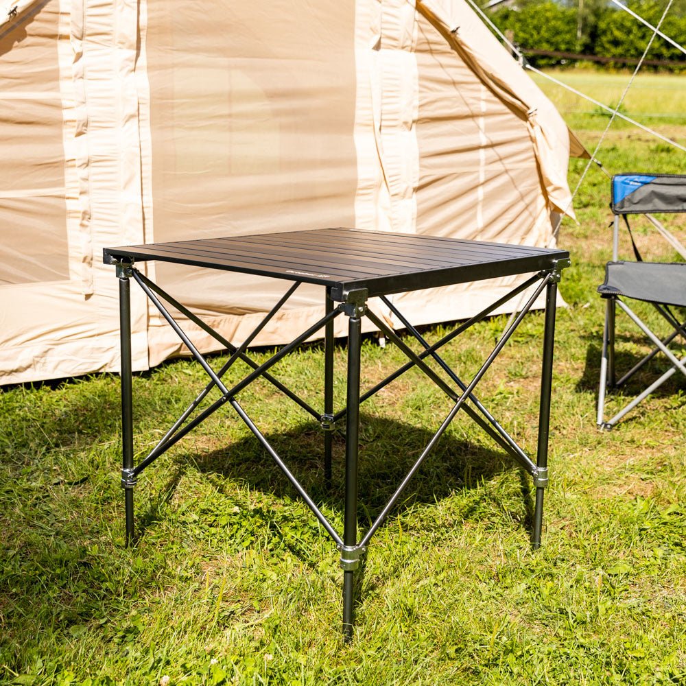 Camping table Foldable aluminum 72x65x51 cm Dimehouse Black LxWxH 81x18x18 Aluminum Atmospheric photo diagonal front view
