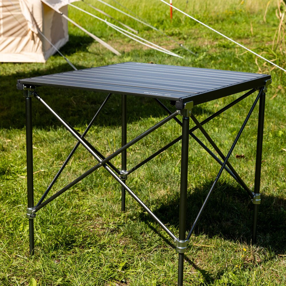 Camping table Foldable aluminum 72x65x51 cm Dimehouse Black LxWxH 81x18x18 Aluminum Atmospheric photo diagonal front view