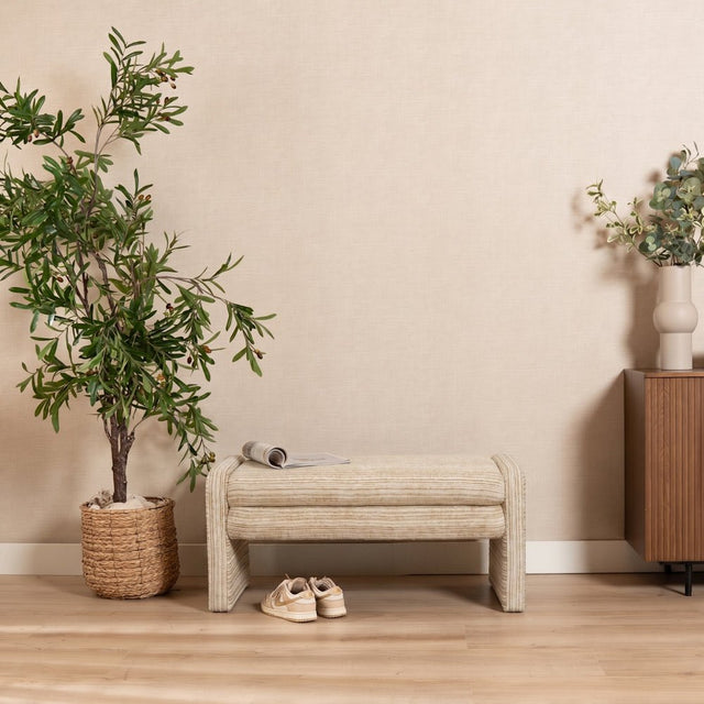 Eetkamerbanken-Eetkamerbank Ravi chenille beige/taupe 100 cm-Dimehouse