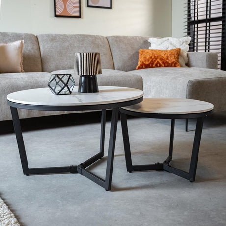 Coffee tables - Coffee table Set of 2 Brady Round Marble Look White - Dimehouse