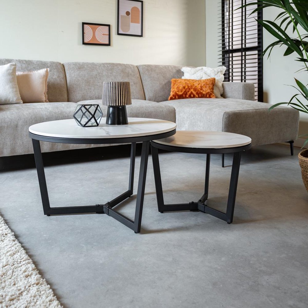 Coffee tables - Coffee table Set of 2 Brady Round Marble Look White - Dimehouse