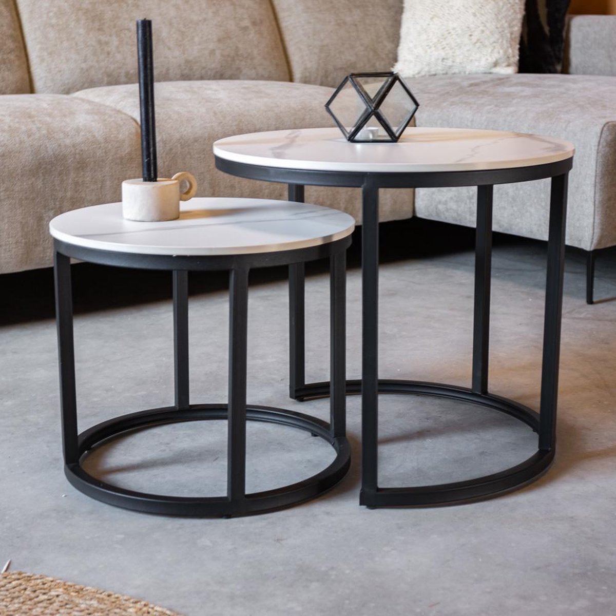 Coffee Tables - Round Coffee Table Set of 2 Sintered Stone Marble Look Paige White - Dimehouse