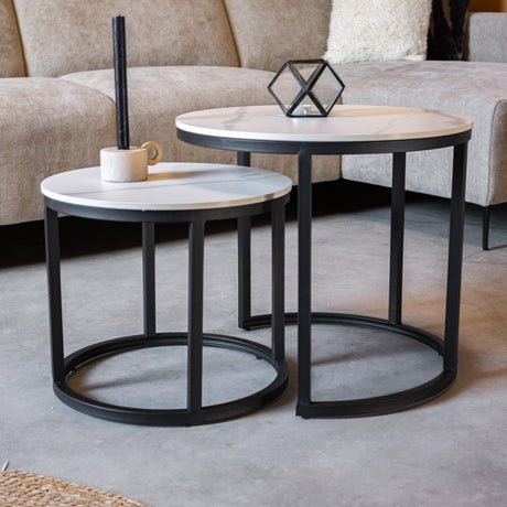 Coffee Tables - Round Coffee Table Set of 2 Sintered Stone Marble Look Paige White - Dimehouse